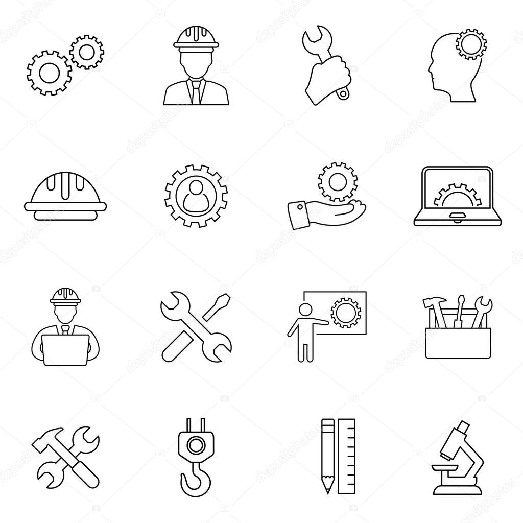 Simple Set of Engineering Design Related Vector Line Icons. Contains such Icons as Engineer, Idea, Tools and more. Suitable for use on web apps, mobile apps and print media.