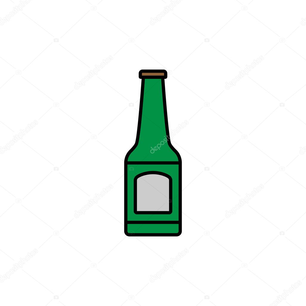 Green glass beer bottle in flat style, vector. Bottle symbol. Flat Vector illustration