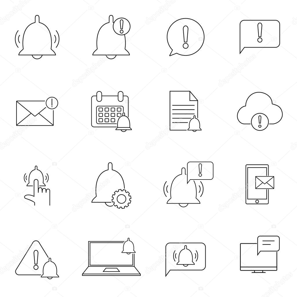 Set of Notification Related Vector Line Icons. Contains such Icons as Notice, Mute, Notification Bell and more. Symbol, Logo Illustration. Web Design, Mobile App.