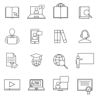 Eğitimle İlgili Basit Vektör Satırı Simgeleri. Çevrimiçi Eğitim, Video Dersi, Şapka, E-kitap ve daha fazlasını içerir. Taslak İşaretler. Web Tasarımı, Mobil Uygulama.