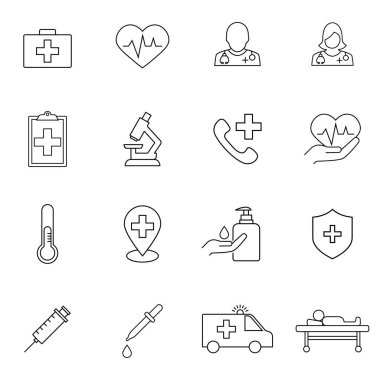 İlaç ve hastane ince çizgi ikonları hazır. Sağlık hizmetleri, ambulans, sağlık araçları, farmakoloji, canlandırma. Taslak işaretleri. Web tasarımı, mobil uygulama.