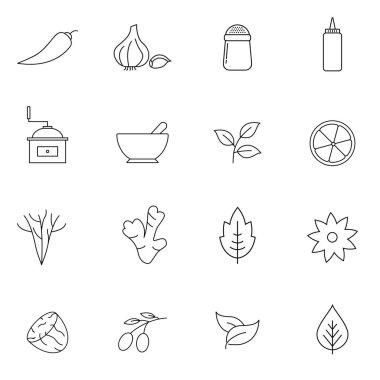 Baharat, baharat ve bitki ikonları. Çizgi biçimi hisse senedi vektörü. Taslak işaretleri. Web tasarımı, mobil uygulama. Vektör çizimi. Bölüm 10