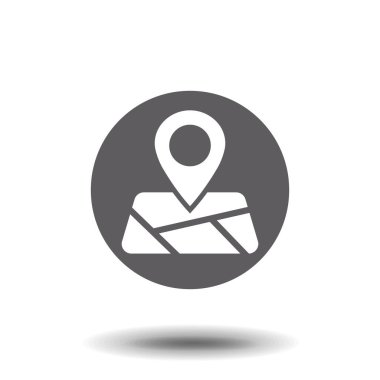 Harita simgesi. Bir konum simgesinin vektör görüntüsü. Navigasyondaki arama işaretçisi beyazda izole edildi. Satır sembolü konum belirleyici