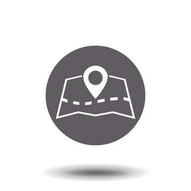 Düz konum simgesi. Beyaza izole edilmiş bir iğne ile harita. Hazine haritası