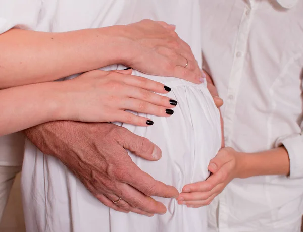 Conceito Gravidez Maternidade Unidade Família Uma Bela Mulher Grávida Segura — Fotografia de Stock