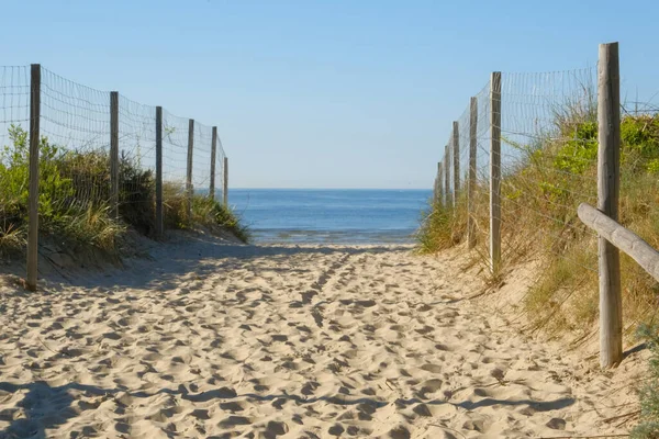Road Wooden Fence Leading Beach Blue Sea Big Stones Shot — 스톡 사진