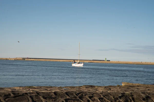 Dağın arka planına karşı denizde yüzen bir tekne. Yelkenli gemi