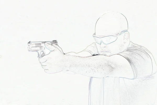a man holds a gun drawn in pencil. on a white background