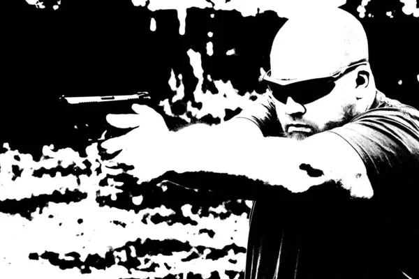 Man Holds Gun Two Hands Black White Red — Φωτογραφία Αρχείου