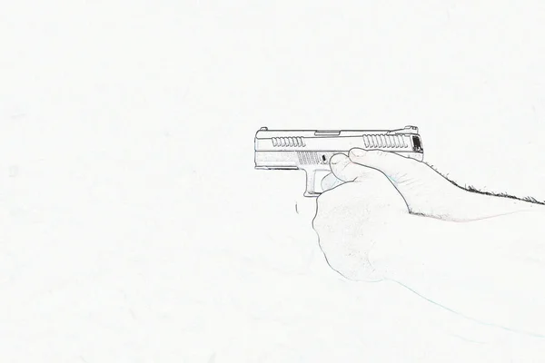 Man Holds Gun Drawn Pencil White Background — 스톡 사진