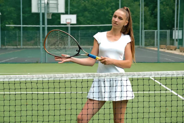 Girl White Sports Dress Tennis Court Tennis Court Racket — Fotografia de Stock