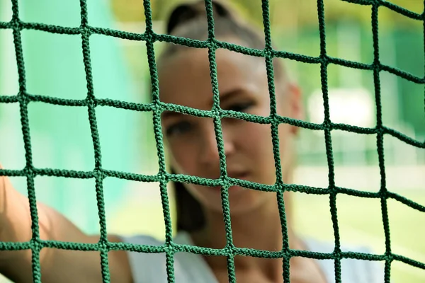 Girl White Sports Dress Standing Sitting Tennis Court Net Portrait — Foto de Stock