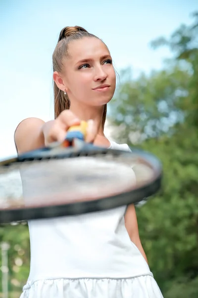 Girl White Sports Dress Stands Tennis Court Holds Racket Portrait — 图库照片