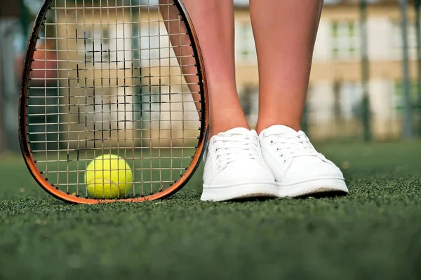 Legs Tennis Racket Close Ball Racket Tennis Court — Foto de Stock