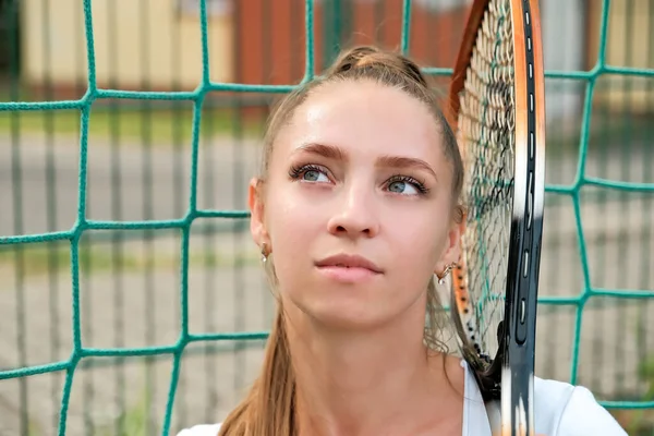 Girl White Sports Dress Standing Sitting Tennis Court Net Portrait — Stock fotografie