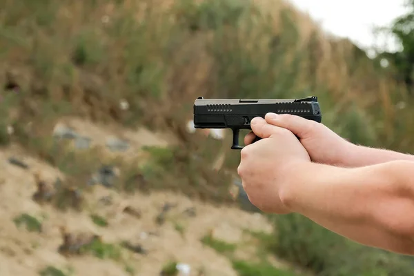 Man Holds Gun His Hands Pistol Shooting Exercises — Stock Photo, Image