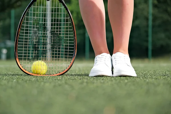 Legs Tennis Racket Close Ball Racket Tennis Court —  Fotos de Stock