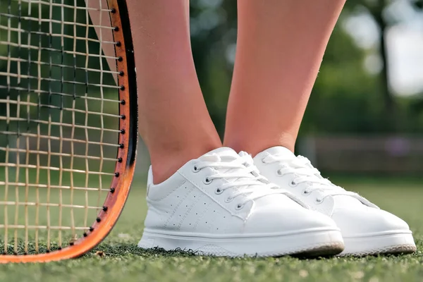 Legs Tennis Racket Close Ball Racket Tennis Court — Stock fotografie