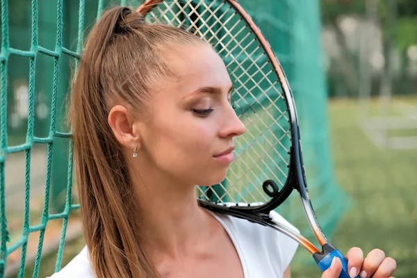 Girl White Sports Dress Standing Sitting Tennis Court Net Portrait — Foto de Stock