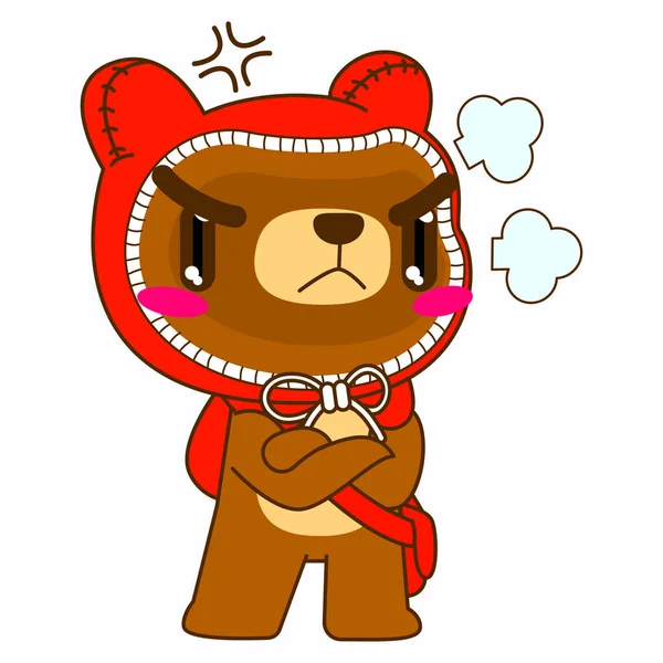 Χαριτωμένο Αρκούδα Διανυσματική Απεικόνιση Κόκκινο Κουκούλα Αρκούδα Θυμωμένος Θέτουν — Διανυσματικό Αρχείο