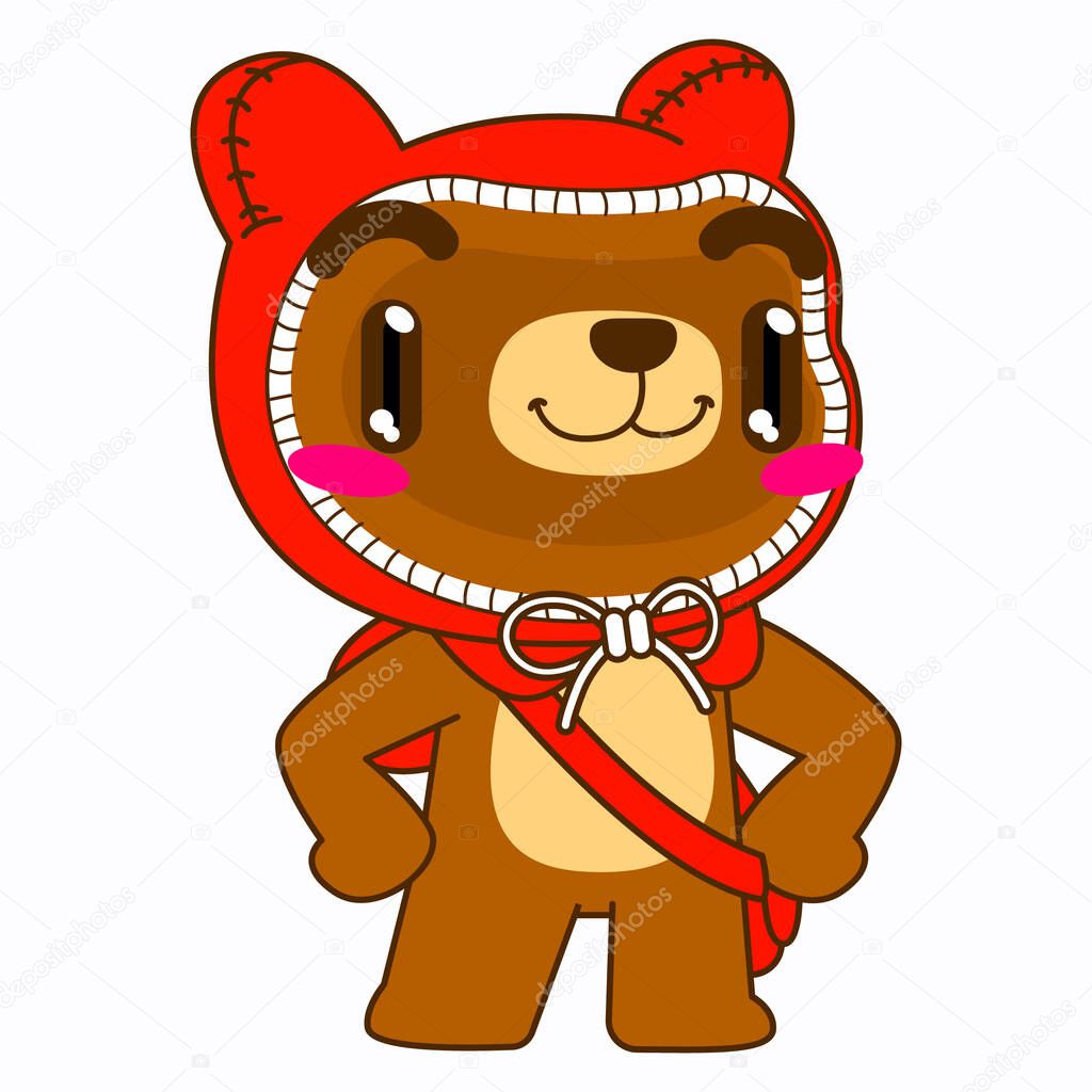 cute bear vector illustration, red hood bear proud pose