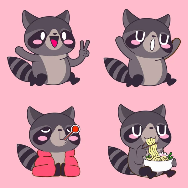 Cute Raccoon Drawing Cute Raccoon Sticker Vector Set — ストックベクタ