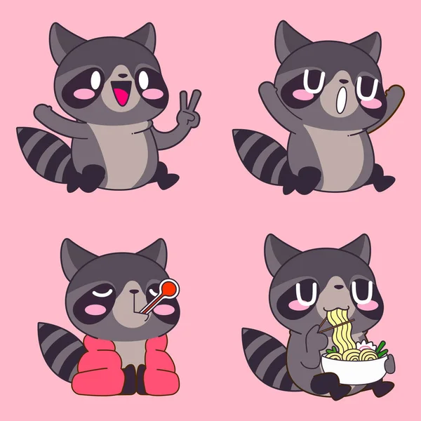 Cute Raccoon Drawing Cute Raccoon Sticker Vector Set — 스톡 벡터