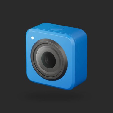 3d icon, Action camera isolated on dark background. Illustration of sport hd camera in cyan color.
