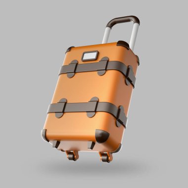 Aydınlık zemin üzerinde izole edilmiş tekerlekli eski seyahat valizinin 3 boyutlu simgesi. 3d Görüntü