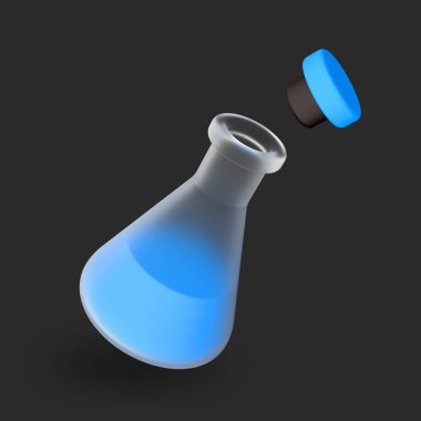 3D ikon Erlenmeyer matarası ve koyu arkaplanda yalıtılmış siyanür sinekleri. Kimya şişesi, laboratuvar camları, ekipmanlar. 3d resimleme
