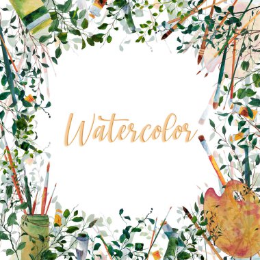 Resim malzemeleriyle suluboya kare çerçeve, çizim aletleri, yeşil yapraklar ve çiçek dalları. Suluboya, guaj, fırça ve diğer eşyaların el çizimleri..
