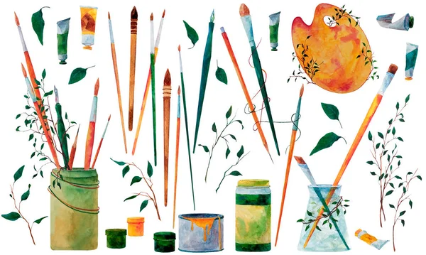 Hand Drawn Watercolor Illustration Set Fine Art Paining Objects Brushes — Zdjęcie stockowe