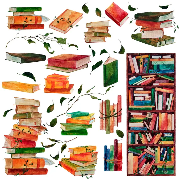 Hand Drawn Watercolor Illustration Set Different Books Wooden Bookcase Full — Zdjęcie stockowe