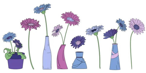 Gerbera Nın Illüstrasyon Çiçekleri Vazoda Buket Mavi Mor Tonlarda Saksıda — Stok Vektör