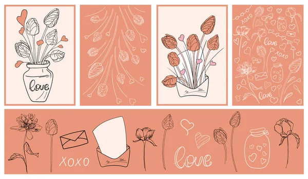 Набор Векторной Иллюстрации Открыток Рисунка День Святого Валентина Обложки Успокаивает — стоковый вектор