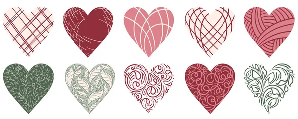 Conjunto Diferentes Corazones Románticos Vectoriales Estilo Garabato Ilustración Dibujada Mano — Vector de stock