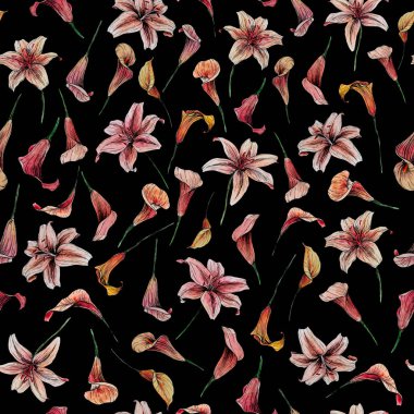 Kusursuz suluboya illüstrasyon zambakları ve zambak deseni. Siyah arka planda el çizimi çiçek kompozisyonu kumaş, paketleme, yapıştırma kitabı, tekstil, duvar kağıdı, giysi için mükemmel..