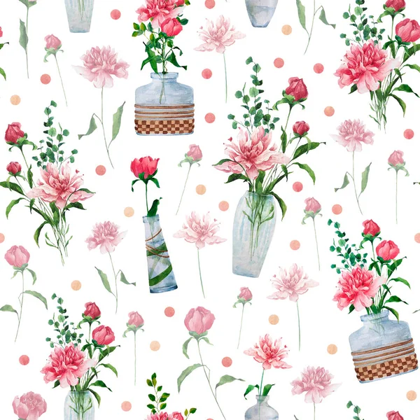 Watercolor seamless floral pattern with peonies, bouquets, vases, dots. Hand-drawn romantic illustrations for decoration of Valentine's Day and wedding, design of floral shop, card, fabric, textile.