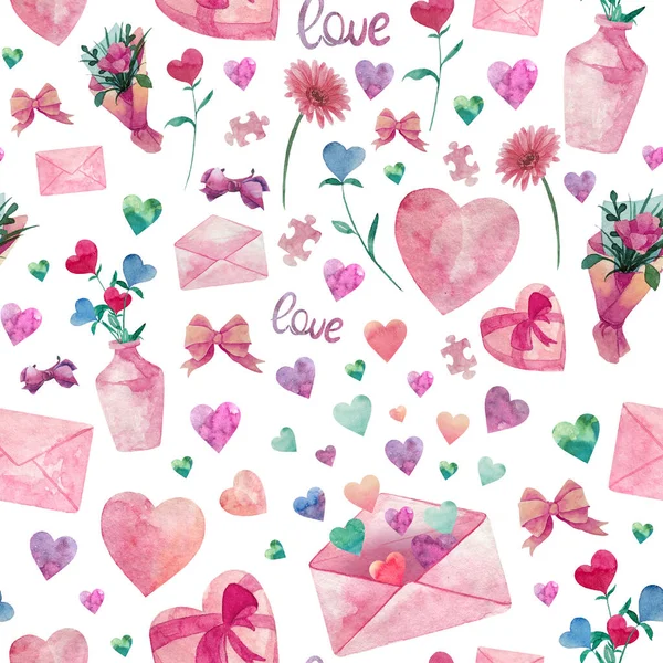 Romantic Seamless Pattern Heart Bow Envelope Bouquet Element Puzzle Vase — Stock Photo, Image