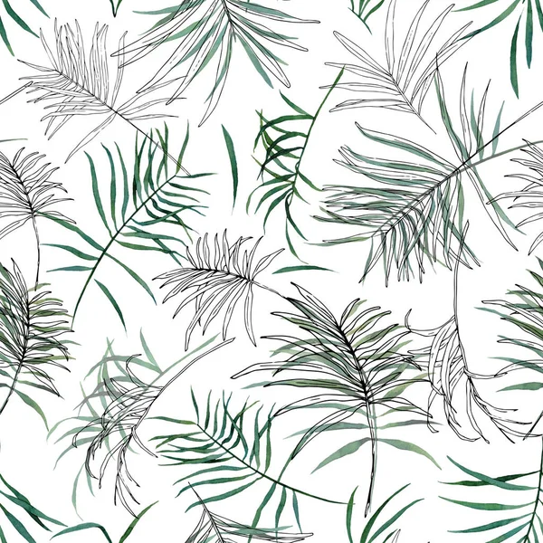 带热带树叶的无缝图案在混合介质中 水色和油墨 纺织品 包装纸 包装设计用手工绘制的花卉图解 — 图库照片