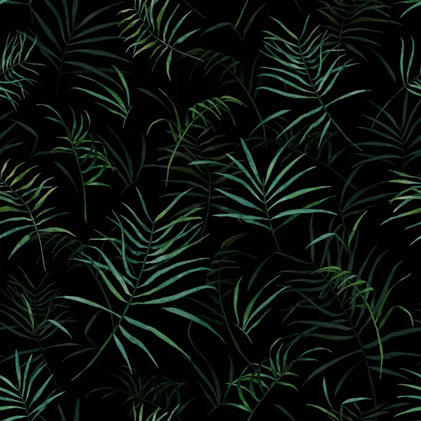 Aquarell Nahtloses Muster Mit Tropischen Blättern Auf Schwarzem Hintergrund Handgezeichnete — Stockfoto