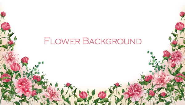 Aquarelle Fond Floral Avec Des Fleurs Pivoines Bourgeons Feuilles Bouquets — Photo