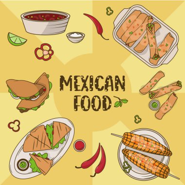 Geleneksel Meksika yemekleri: taco, quesadilla, enchilada, elote, chili con carne, chili. Çizgi film tarzında vektör illüstrasyonu afiş, poster, kafe tasarımı ve menü için mükemmel.