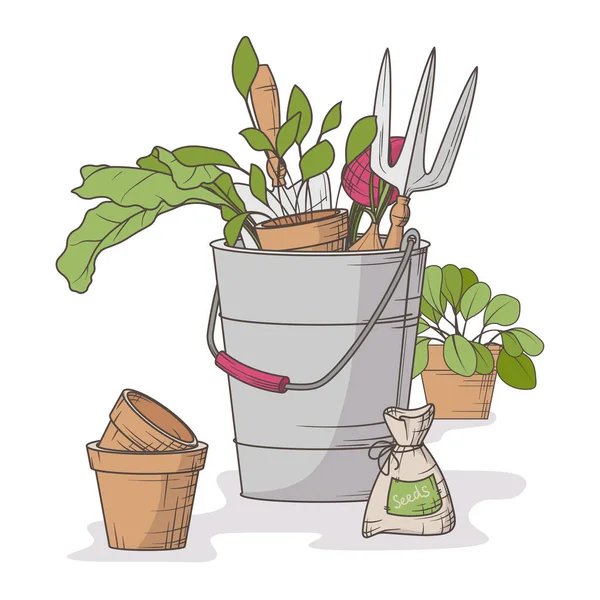 Ilustracja Wektorowa Elementów Ogrodowych Kosz Narzędziami Ogrodowymi Warzywami Doniczkami Rośliną — Wektor stockowy