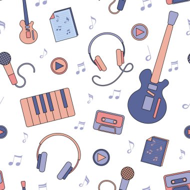 Müzik ögelerine sahip vektörsüz şablon: gitar, kaset, kulaklık, mikrofon, not defteri, çalma tuşu. Müzik dükkanının tasarımı için, ambalaj kağıdı, paket, kapak, duvar kağıdı, kumaş.