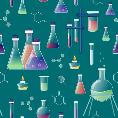 Laboratuvar elementleri ile kusursuz desen: cam şişeler, tüpler, madde ve reaksiyonlu test tüpleri, molekül ve formül. Düz çizim. Bilimsel kitap tasarımı ve ambalajı için resim.
