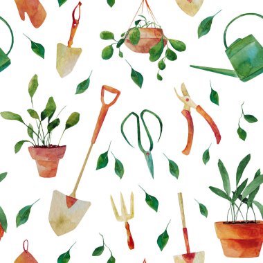 Bahçıvanlık unsurlarıyla sulu boya deseni: aletler, skapula, sulama tenekesi, yapraklar ve saksı, makas, kürek. Bahçıvanlık atölyesi, ambalaj kağıdı, paket tasarımı.