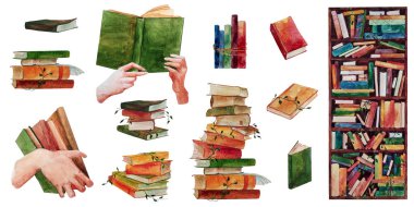 Elle çizilmiş farklı kitaplardan oluşan suluboya resimler, kitaplarla dolu ahşap bir kitaplık, yığınla kitap, elinde kitaplar. Kitap dükkanı veya kütüphane tasarımı için parlak illüstrasyon, kapak, paket, kart.