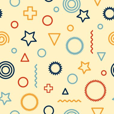 Geometrik şekilli vektörsüz desen: daireler, üçgen, yıldızlar, çizgiler. Memphis tarzı. 90 'ların tarzı. Çocuk odası, kumaş, tekstil, ambalaj kağıdı, duvar kağıdı tasarımı için parlak desen.