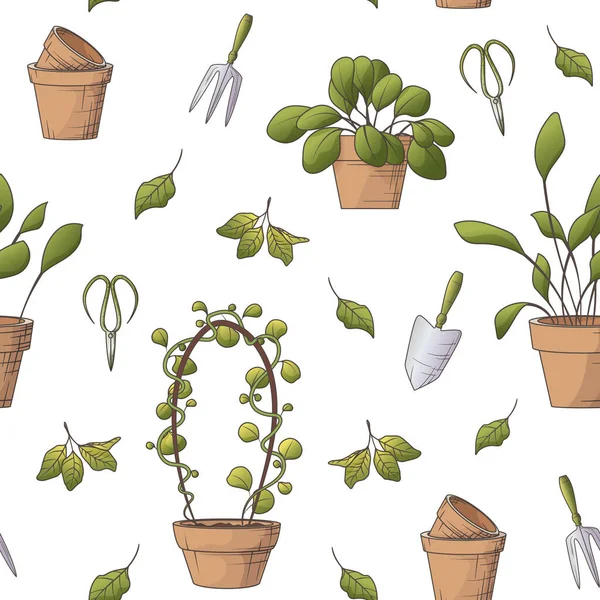 Vector Seamless Pattern Houseplant Leaves Gardening Tools Scissors Scapula Pots — Stock Vector